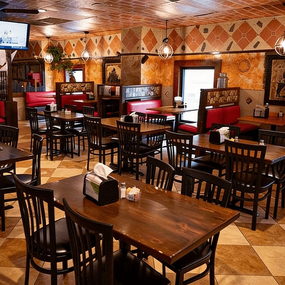 Interior of Papa's & Beer Mexican restaurant with wooden tables, red booths, and patterned walls.